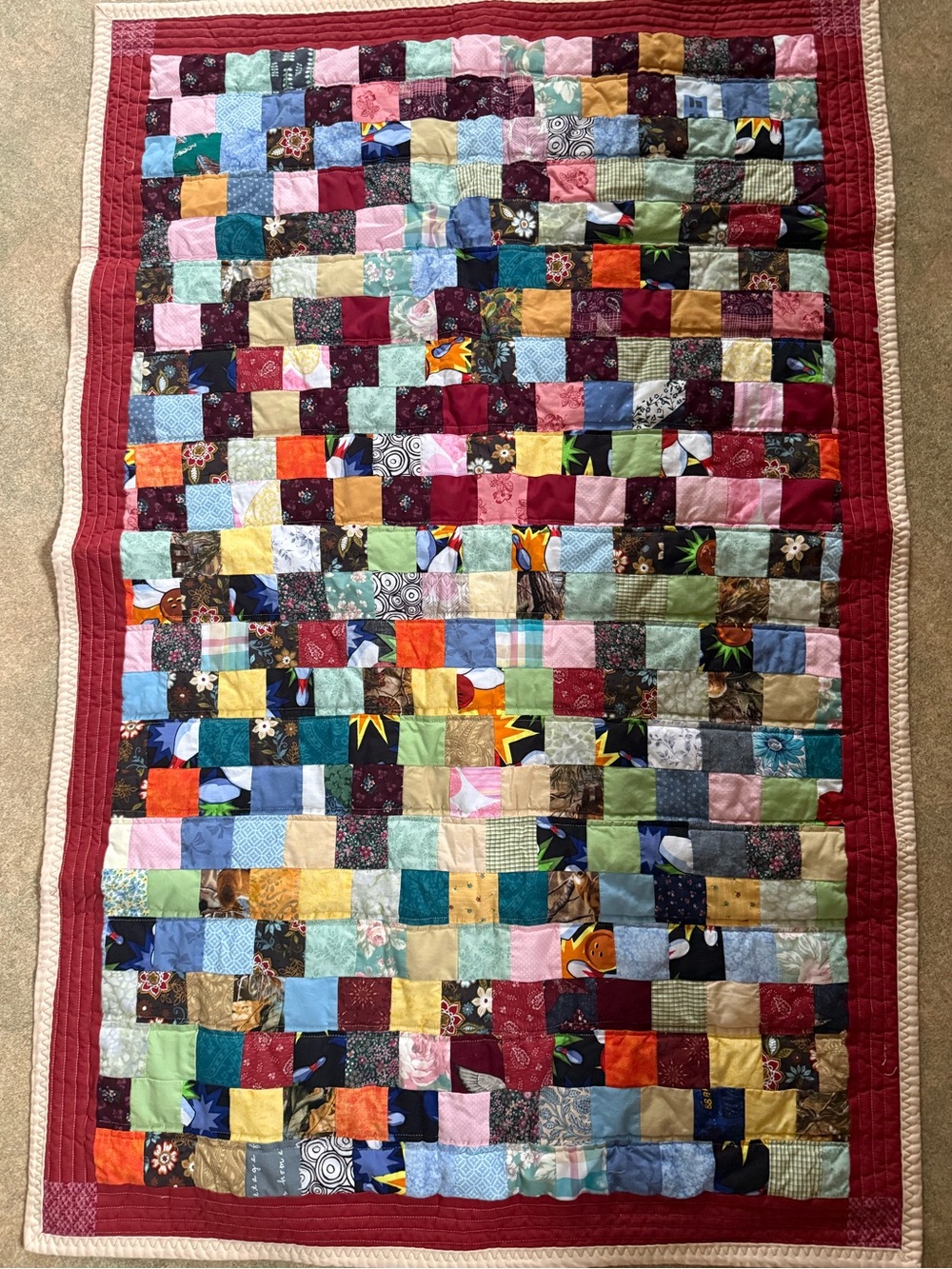 Colorful Patchwork Lap Quilt Burgundy Border Cottagecore 48” x 30”